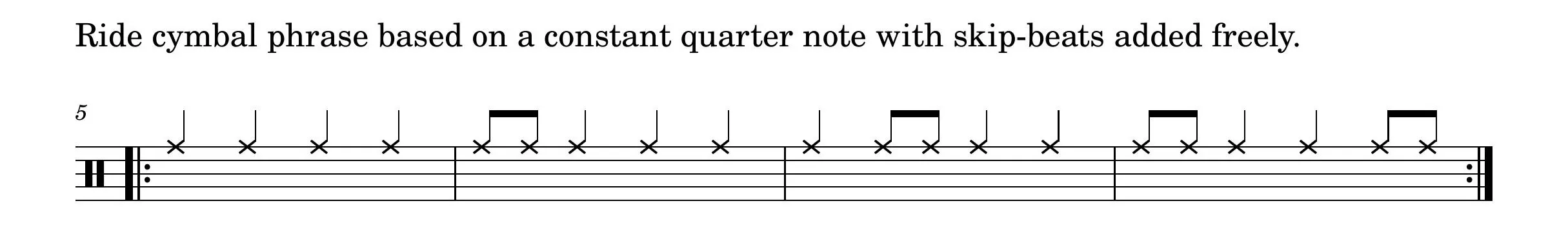 Ride Cymbal Phrase Music notation for a ride cymbal phrase that uses skip-beats freely