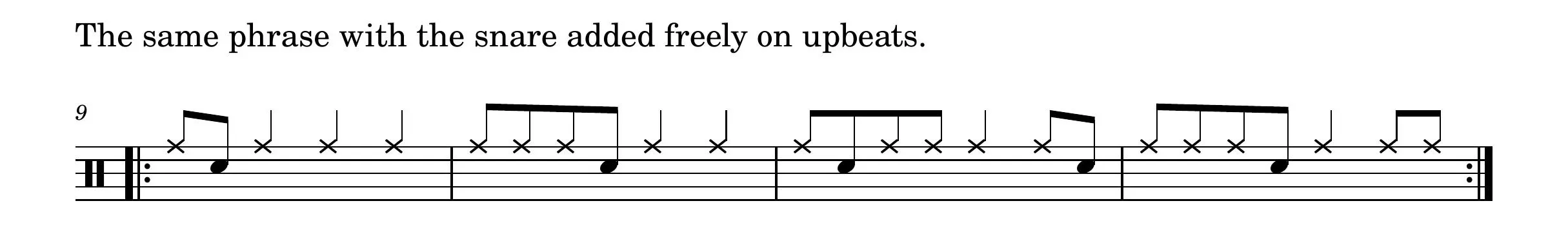 Ride Cymbal Phrase With Snare Music notation for a ride cymbal phrase that uses skip-beats freely while adding the snare drum on upbeats