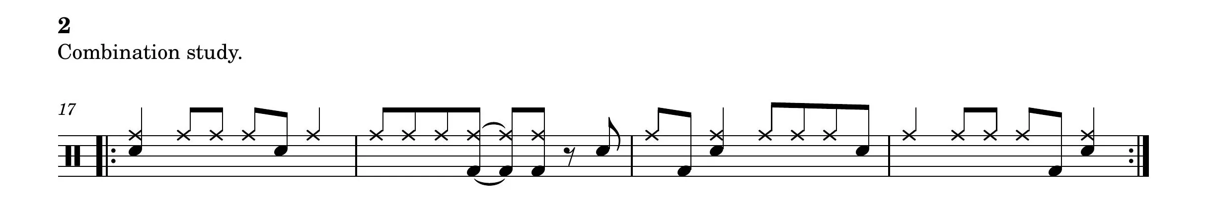 Combination Study Music notation for a combination study featuring the jazz ride cymbal beat with the snare drum playing mostly upbeats while the bass drum reinforces anticipations and syncopations